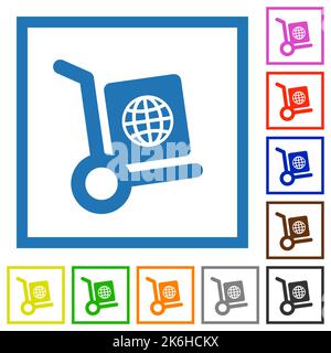 Icone di colore uniforme per la consegna globale dei pacchi in cornici quadrate su sfondo bianco Illustrazione Vettoriale