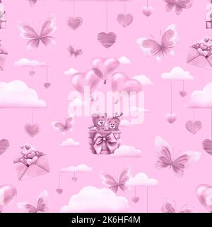 Carino orsi che volano in un cesto su palloncini a forma di cuore in nuvole con farfalle. Illustrazione acquerello. Motivo senza cuciture su sfondo rosa da Foto Stock