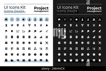 Kit icone interfaccia grafica per la gestione dei progetti per la modalità scura e chiara Illustrazione Vettoriale