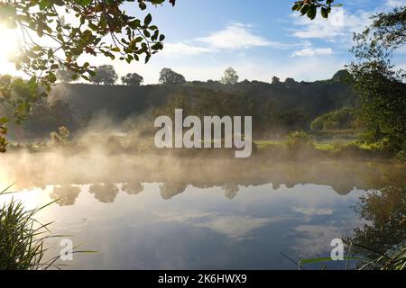 Nebbia sui prati del fiume Wey, Guildford, Surrey, Regno Unito Foto Stock