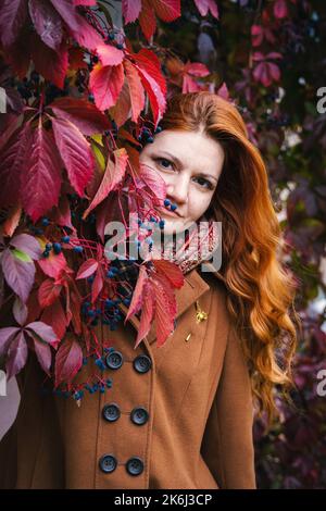Ritratto di una giovane donna dai capelli rossi sullo sfondo del fogliame autunnale rosso selvaggio. Foto Stock
