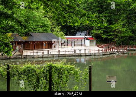 SOVATA, MURES, ROMANIA – 29 MAGGIO 2021: Paesaggio con lago Alunis (Lacul Alunis) nella località di Sovata, Transilvania, Romania. Foto Stock