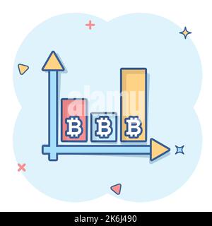 Icona di crescita Bitcoin in stile comico. Illustrazione vettoriale cartoon Blockchain su sfondo isolato bianco. Criptovaluta splash effect concetto di business Illustrazione Vettoriale