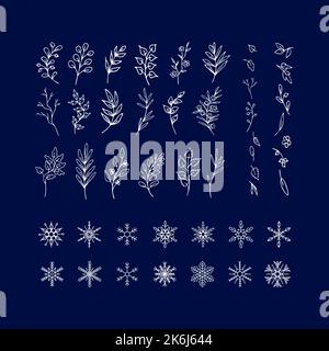 Set di foglie e ramoscelli disegnati a mano, rami fantasy e vari fiocchi di neve per i disegni di inverno, Natale, Capodanno. Stagione romantica clipart per fra Illustrazione Vettoriale