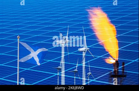 Bandiera della Scozia con turbine eoliche e catasta di flare e pannelli solari per impianti a gas. Energia pulita rinnovabile, combustibili fossili, gas del Mare del Nord, indipendenza... Foto Stock