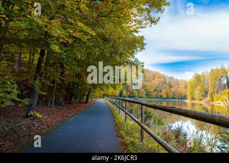 Strada lungo il fiume Moldava nella stagione autunnale. Foto Stock