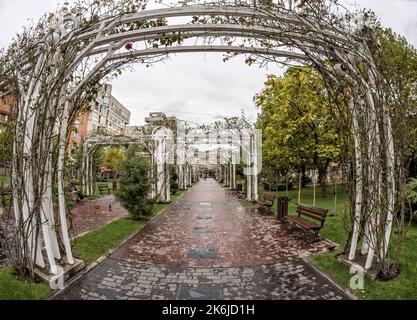 TARGU-JIU, ROMANIA-OTTOBRE 08: Parco nel centro del 08 ottobre 2014 a Targu-Jiu. Vista fisheye. Foto Stock