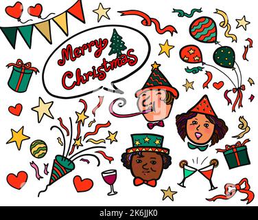 Illustrazione di un gruppo multietnico di giovani che festeggia la festa di Natale. Buon concetto di festa di Natale. Foto Stock