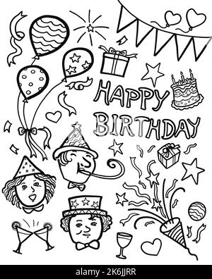 Illustrazione in bianco e nero disegno di un gruppo di giovani che festeggia la festa di compleanno. Buon compleanno celebrazione concetto. Foto Stock