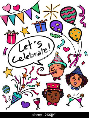 Illustrazione di un gruppo multietnico di giovani che festeggia la festa di nuovo anno. Buon anniversario di celebrazione concetto. Foto Stock