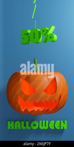 Banner di vendita di Halloween. Design moderno e minimale per le vendite, fino al 50% di sconto sulla vendita, 3D lavoro e 3D immagine Foto Stock