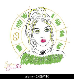 Bella ragazza con trucco, segno zodiaco, cancro, moda doodles Illustrazione Vettoriale
