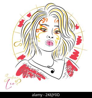 Bella ragazza, segno zodiaco, Leo trucco doodle moda Illustrazione Vettoriale