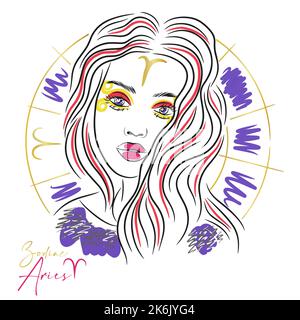 Ragazza con ciglia lunghe, segno zodiaco, Ariete, trucco moda doodle Illustrazione Vettoriale