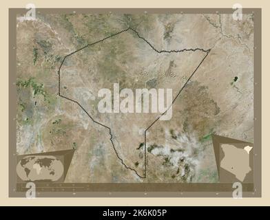 Mandera, contea del Kenya. Mappa satellitare ad alta risoluzione. Mappe delle posizioni ausiliarie degli angoli Foto Stock