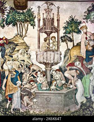 Castello di Manta, Manta, Saluzzo, Piemonte, Italia. Affresco (1420) nella Sala Baronale. Fontana della giovinezza. Foto Stock