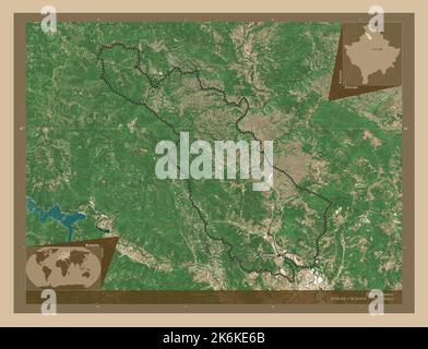 Zvecan, comune del Kosovo. Mappa satellitare a bassa risoluzione. Località e nomi delle principali città della regione. Mappe delle posizioni ausiliarie degli angoli Foto Stock
