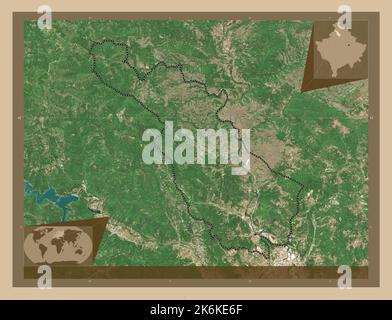 Zvecan, comune del Kosovo. Mappa satellitare a bassa risoluzione. Posizioni delle principali città della regione. Mappe delle posizioni ausiliarie degli angoli Foto Stock