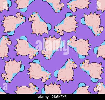 Fat Unicorn pixel ART Pattern senza giunture. 8 bit sfondo animale mitico carnoso. Ornamento in tessuto pixellato Illustrazione Vettoriale