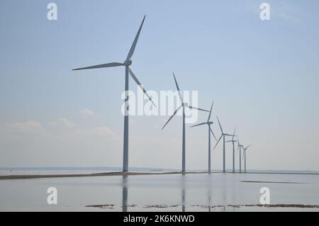 Mulini a vento di fattoria sul mare in Danimarca. Foto Stock