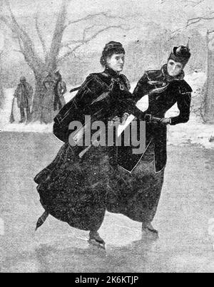 Incisione di due giovani donne che pattinano in inverno, circa 1896 Foto Stock