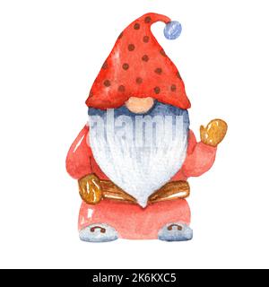 Acquerello gnome di Natale. Natale, Capodanno, fiaba carattere isolato su sfondo bianco. Carattere invernale tradizionale. Foto Stock
