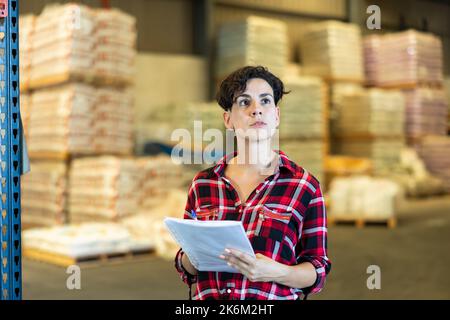 Donna che controlla la documentazione in magazzino Foto Stock