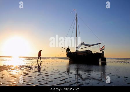Una classica barca a vela adagiata sulle maree del Mare di Wadden, Olanda Foto Stock