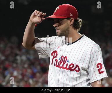 Philadelphia Phillies pitcher Aaron Nola smiles after talking with Houston  Astros third baseman Alex Bregman before a baseball game Saturday, April  29, 2023, in Houston. (AP Photo/David J. Phillip Stock Photo - Alamy