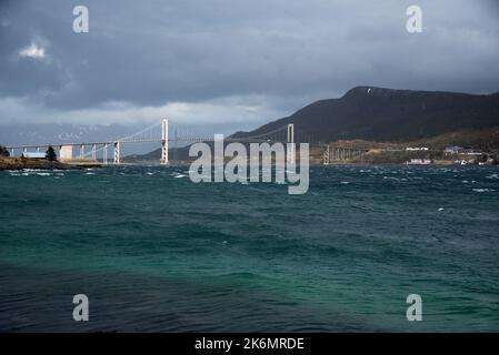 Ponte sospeso lungo 1007 metri Tjeldsund Bridge collega l'isola di Hinnøya con la terraferma nella contea di Troms og Finnmark in Norvegia. Foto Stock