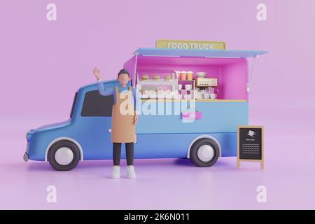 3D illustrazione del veicolo alimentare. auto fast food con hot dog. Burger camion . pizza camion. macchina da caffè. rendering mobile fast food 3d Foto Stock