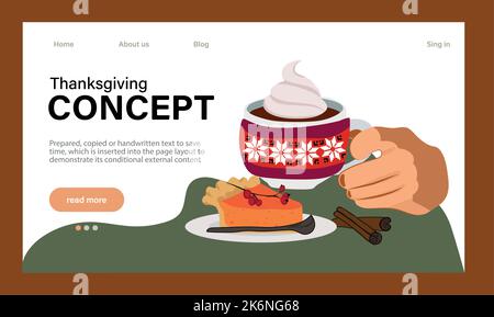 Felice modello di disegno del vettore di festa di Thanksgiving per i Web site, i manifesti, i banner. Buon Ringraziamento con cibo tradizionale, tacchino, torte, zucche e frutta. Modello di sito Web vettoriale Illustrazione Vettoriale