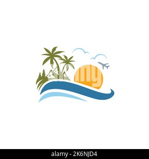 Logo Travel Vacation Esplora, icona della spiaggia, Logo delle vacanze Illustrazione Vettoriale