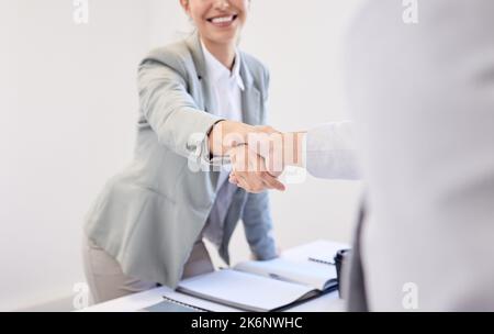 È bello incontrarvi finalmente. Primo piano di due donne d'affari che scuotono le mani in un ufficio. Foto Stock