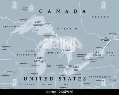 Grandi Laghi del Nord America, mappa politica grigia. Laghi Superior, Michigan, Huron, Erie e Ontario. Serie di grandi laghi di acqua dolce interconnessi. Foto Stock