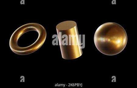 Solidi d'oro tridimensionali. Rendering di oggetti metallici dorati e riflettenti con riflessi realistici isolati su sfondo nero. Sfera, toro Foto Stock