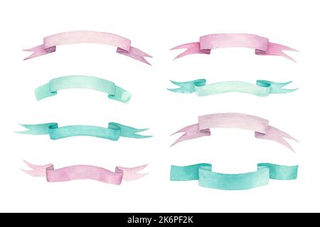 Nastri di menta e rosa acquerello disegnati a mano Foto Stock