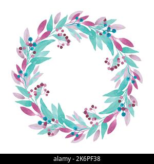 Wreath di acquerello disegnato a mano di foglie e bacche Foto Stock