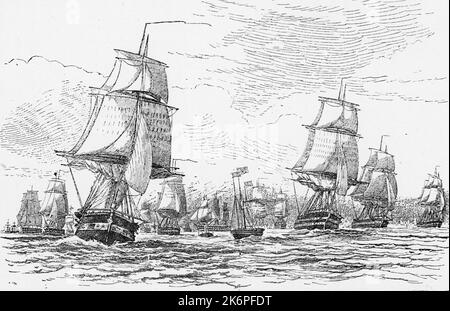 La flotta che parte da Spithead, 11 marzo 1854. Dopo Edward Duncan (1803-1882). Man mano che la guerra di Crimea si avvicinò, una flotta di navi della Royal Navy si riunì a Spithead sulla Solente per partire per il Mar Baltico. Dovevano impedire alla flotta settentrionale russa di entrare nel Mare del Nord e minacciare la Gran Bretagna. La regina Vittoria guardò le navi partire, a bordo dello yacht Fairy, visto qui in primo piano al centro, volando il Royal Standard. Le navi comprendevano il Royal George (in primo piano a sinistra) e St Jean d’Acre (che guidava la flotta a destra). Foto Stock