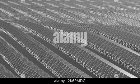 Rendering in scala di grigi 3D di righe di oggetti geometrici ondulati con overlay cablati luminosi. Un'immagine astratta geometrica per sfondo, sfondo, modello, e Foto Stock