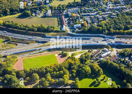 Vista aerea, nuova costruzione della superstrada A448 e Nordhausenring, Altenbochum, Bochum, Ruhr, Renania settentrionale-Vestfalia, Germania, autostrada, Const Foto Stock