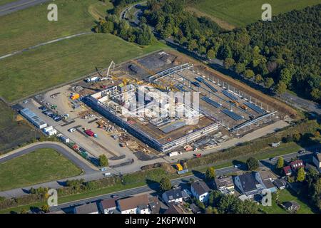 Vista aerea, cantiere per un nuovo edificio di polizia, Flughafenring angolo Zeche-Norm-Straße, ex parcheggio P3, aeroporto di Dortmund, Wickede, do Foto Stock