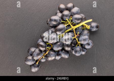 Un rametto di uva nera dolce su pietra ardesia, macro, vista dall'alto. Foto Stock