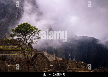 Esplorando la meraviglia peruviana del mondo, Machu Picchu. Questa foto offre una prospettiva diversa dell'antica civiltà recentemente scoperta Foto Stock