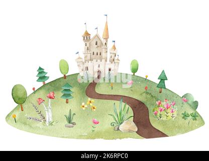 Acquerello infantile illustrazione di paesaggio estivo prato con percorso a terra, castello delle fate, alberi, erba verde, fiori Foto Stock