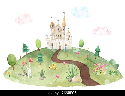 Acquerello infantile illustrazione di paesaggio estivo prato con percorso a terra, castello delle fate, alberi, erba verde, fiori Foto Stock