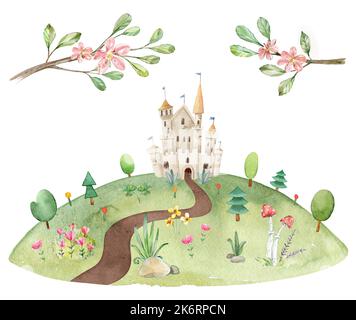 Acquerello infantile illustrazione di paesaggio estivo prato con percorso a terra, castello delle fate, alberi, erba verde, fiori Foto Stock