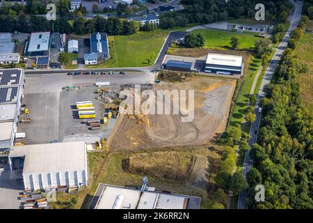 Veduta aerea, cantiere della zona industriale am Heerweg, Mönig Logistik, Enste, Meschede, Sauerland, Renania settentrionale-Vestfalia, Germania, Const Foto Stock