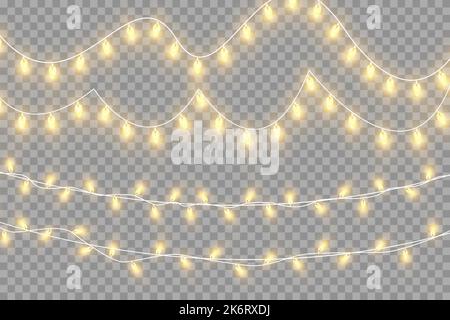 Luci di Natale isolate su sfondo trasparente. Set di ghirlande dorate di Natale. Illustrazione vettoriale. Illustrazione Vettoriale