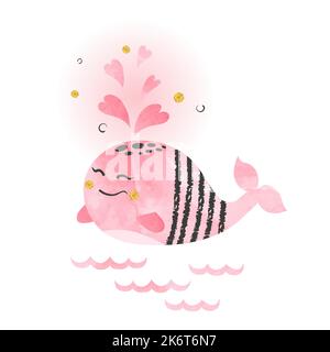 Carino cartone animato Whale in amore. Illustrazione vettoriale per bambini. Illustrazione Vettoriale
